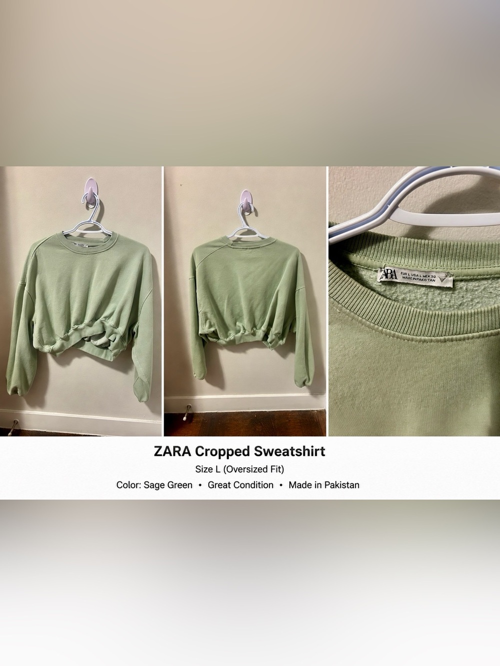 ZARA Sage Green Cropped Sweatshirt - Relaxed Oversized Fit